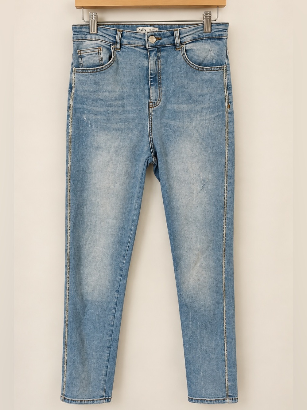 Zara Light Blue Skinny Jeans with Beads Down the Side for Women